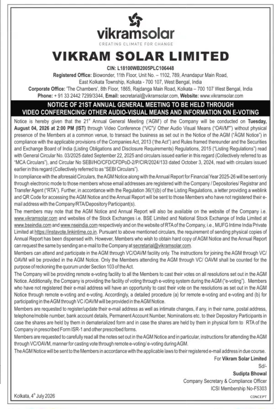 Vikram Solar 21st AGM Notice 2026 – AGM via VC/OAVM & E-Voting