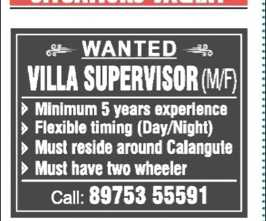 Villa Supervisor (WF) – Hiring in Calangute, Goa