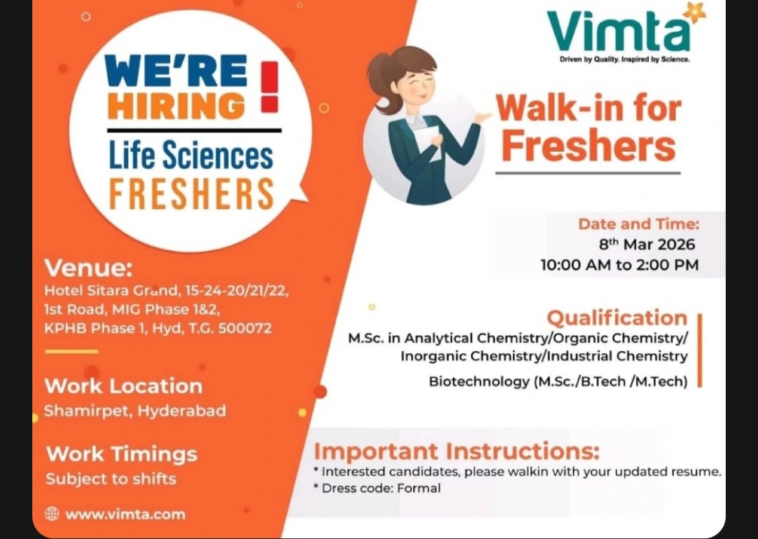 Vimta Life Sciences – Freshers Walk-In