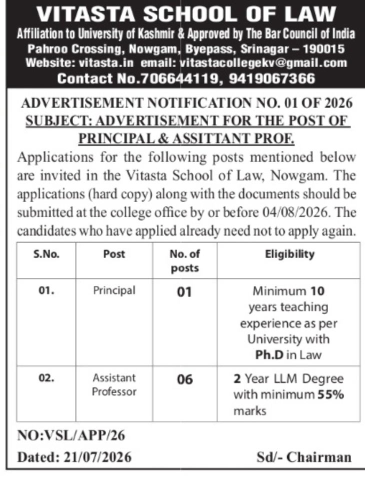 Vitasta School of Law – Recruitment Notification 2026 for Principal and Assistant Professor