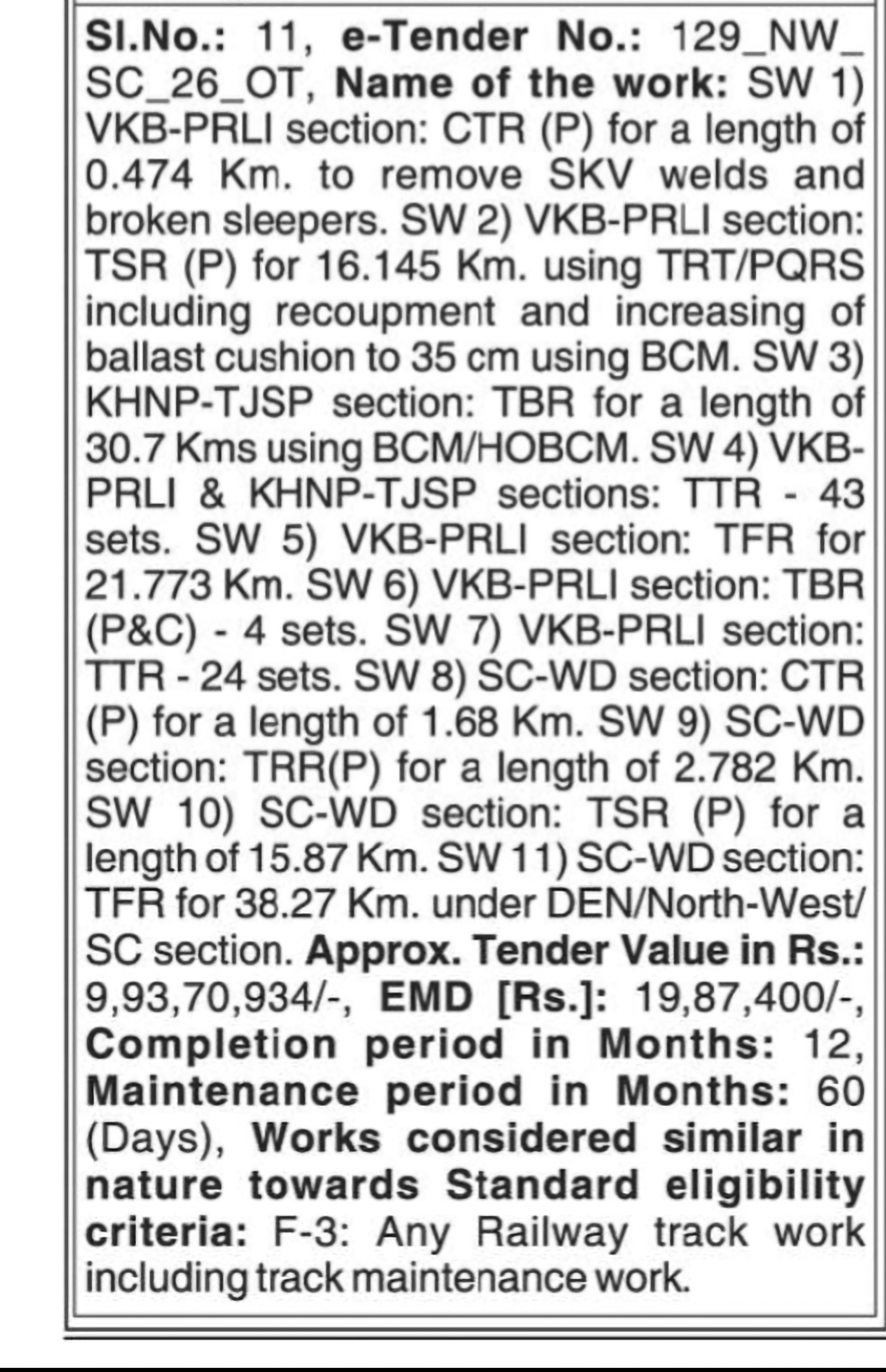 VKB-PRLI, KHNP-TJSP and SC-WD Railway Track Works Tender