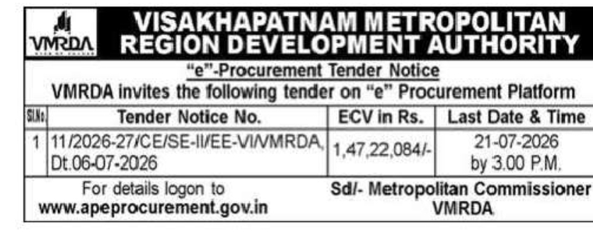 VMRDA Invites E-Procurement Tender – Tender Notice No. 11/2026-27