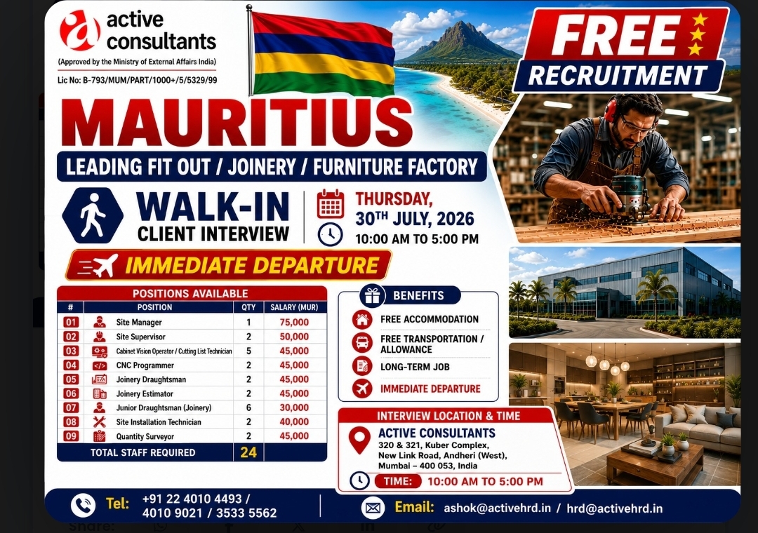 Walk-in Client Interview for Mauritius – Leading Fit Out / Joinery / Furniture Factory | Immediate Departure