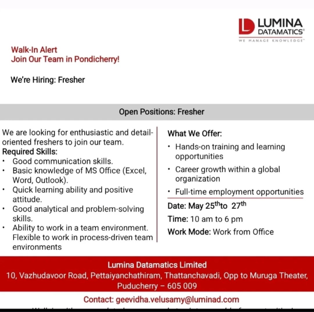 Walk-In Drive for Freshers at Lumina Datamatics Limited | Puducherry Recruitment 2026