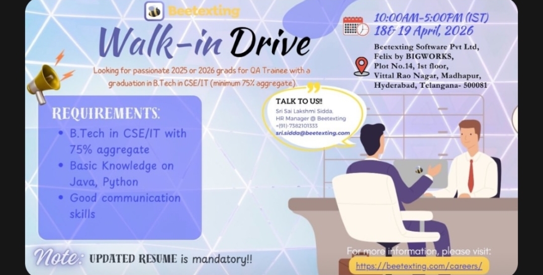 🚀 Walk-In Drive for QA Trainee (Freshers)