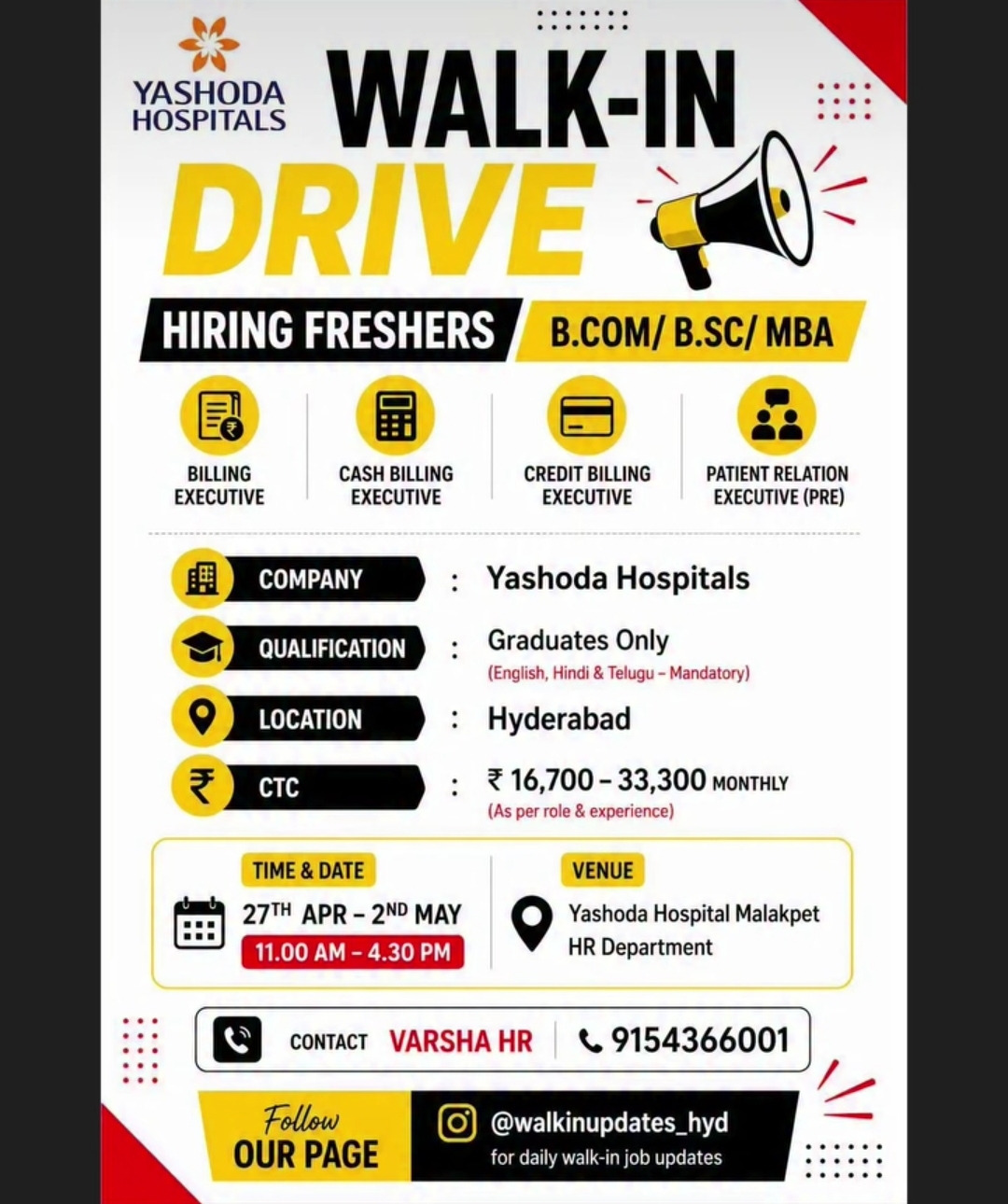 🚨 WALK-IN DRIVE – Yashoda Hospitals 🚨