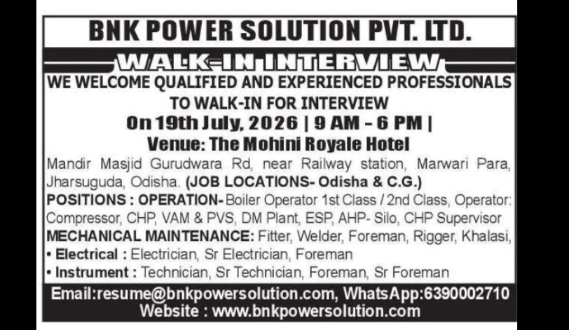 Walk-in Interview 2026 – BNK Power Solution Pvt. Ltd., Odisha