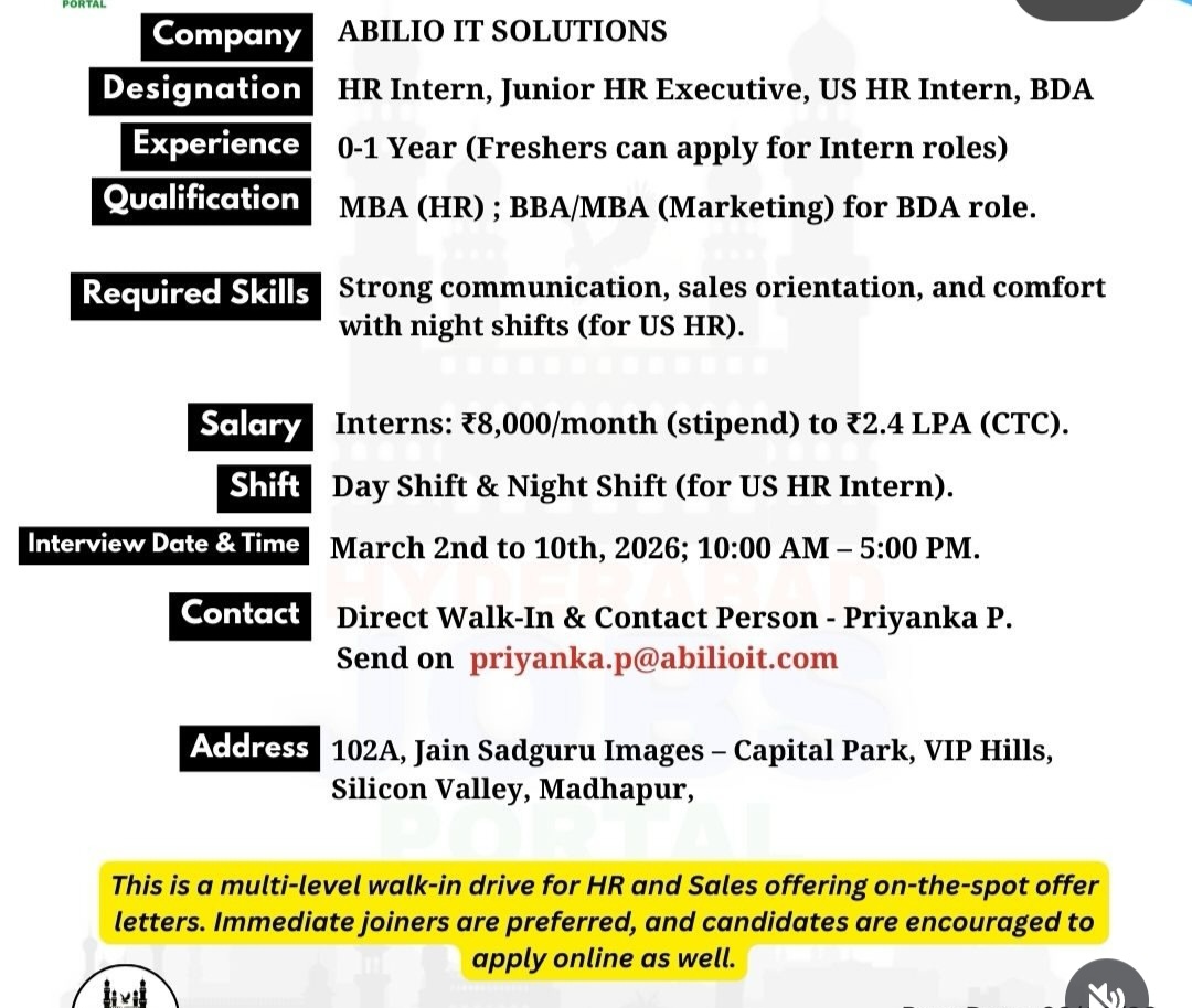 WALK-IN INTERVIEW – ABILIO IT SOLUTIONS