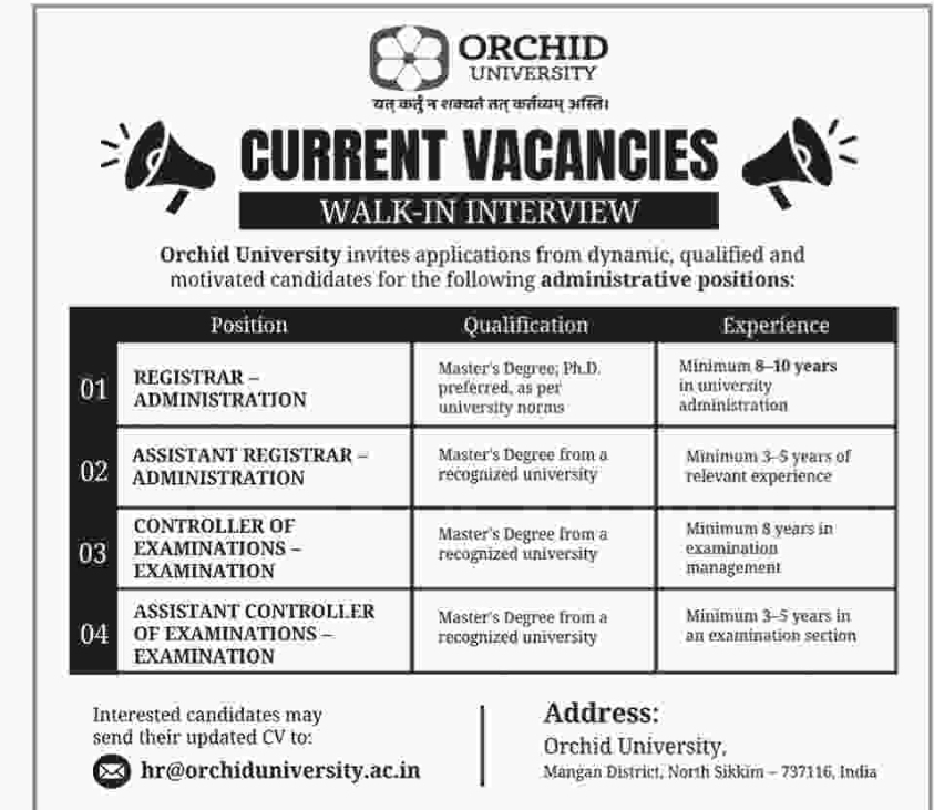 Walk-in Interview – Administrative Vacancies at Orchid University, Sikkim