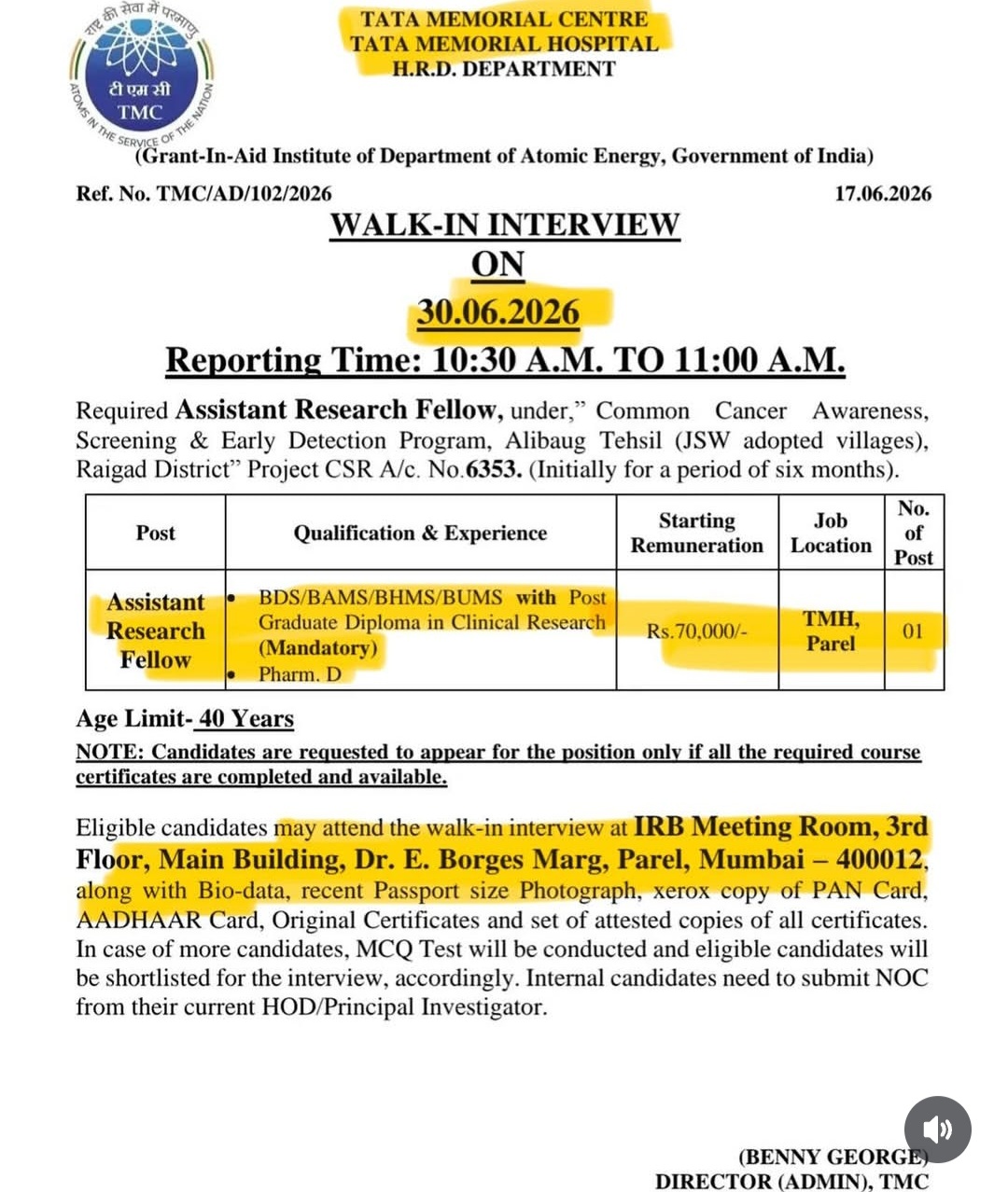 WALK-IN INTERVIEW – ASSISTANT RESEARCH FELLOW