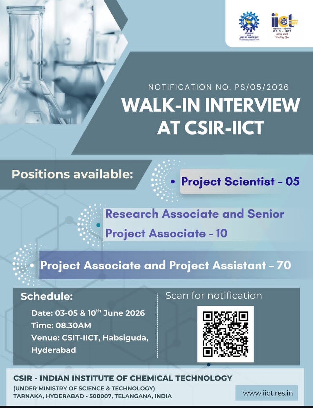 WALK-IN INTERVIEW AT CSIR-IICT