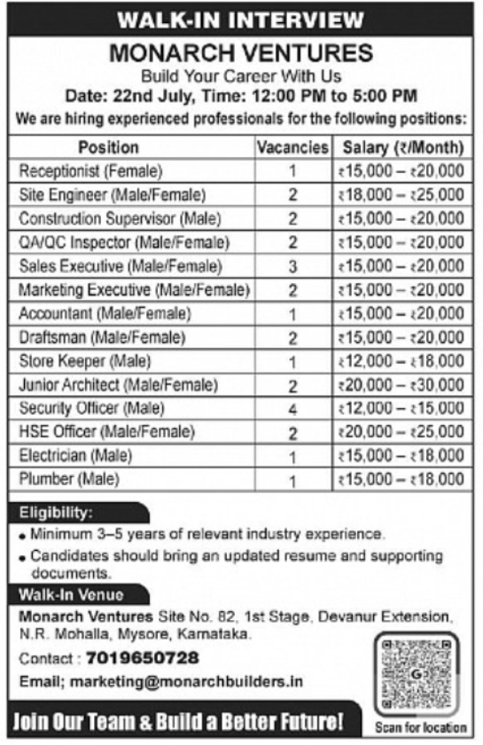 Walk-In Interview at Monarch Ventures – Multiple Openings in Mysuru
