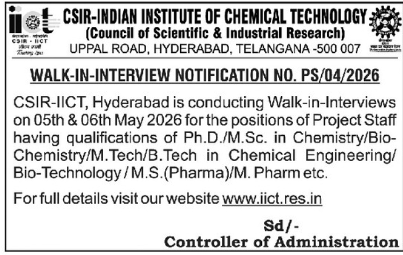 Walk-in Interview – CSIR-IICT Hyderabad