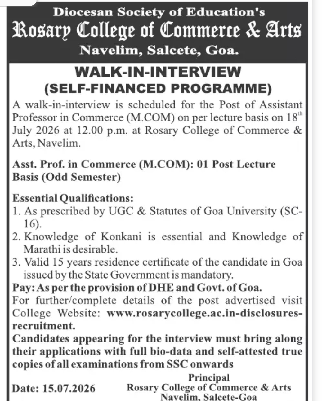 Walk-in Interview for Assistant Professor in Commerce (M.Com) – Rosary College of Commerce & Arts, Goa