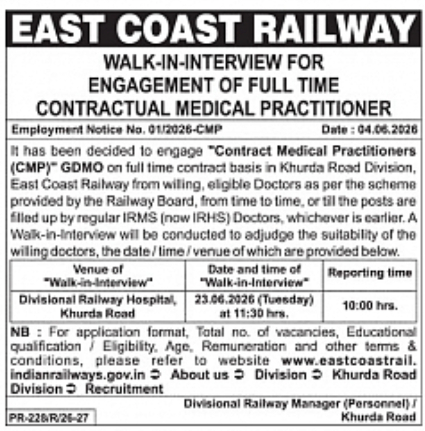 Walk-in-Interview for Engagement of Full Time Contractual Medical Practitioner (CMP)