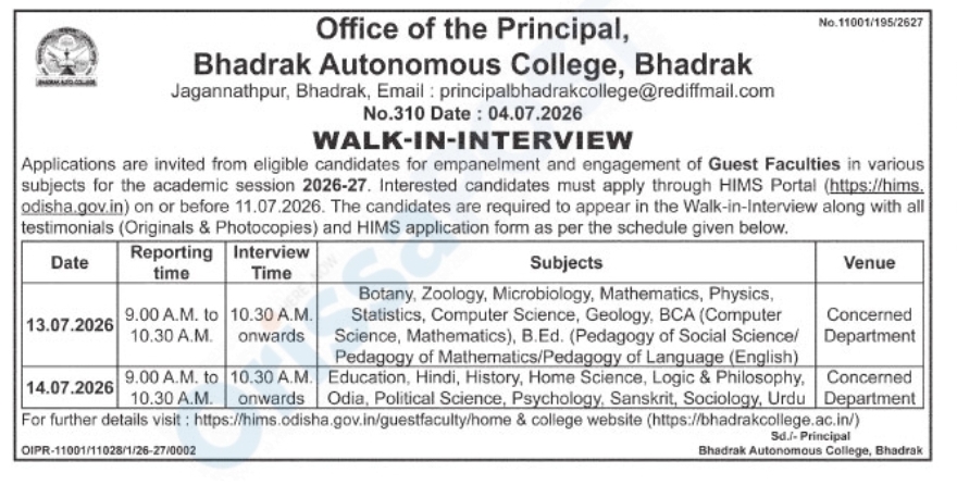 Walk-in Interview for Guest Faculty Positions at Bhadrak Autonomous College, Bhadrak