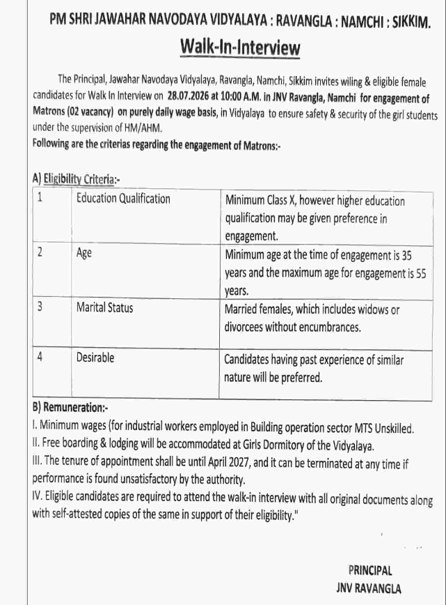 Walk-in Interview for Matrons (Female) – PM SHRI Jawahar Navodaya Vidyalaya, Ravangla, Namchi, Sikkim