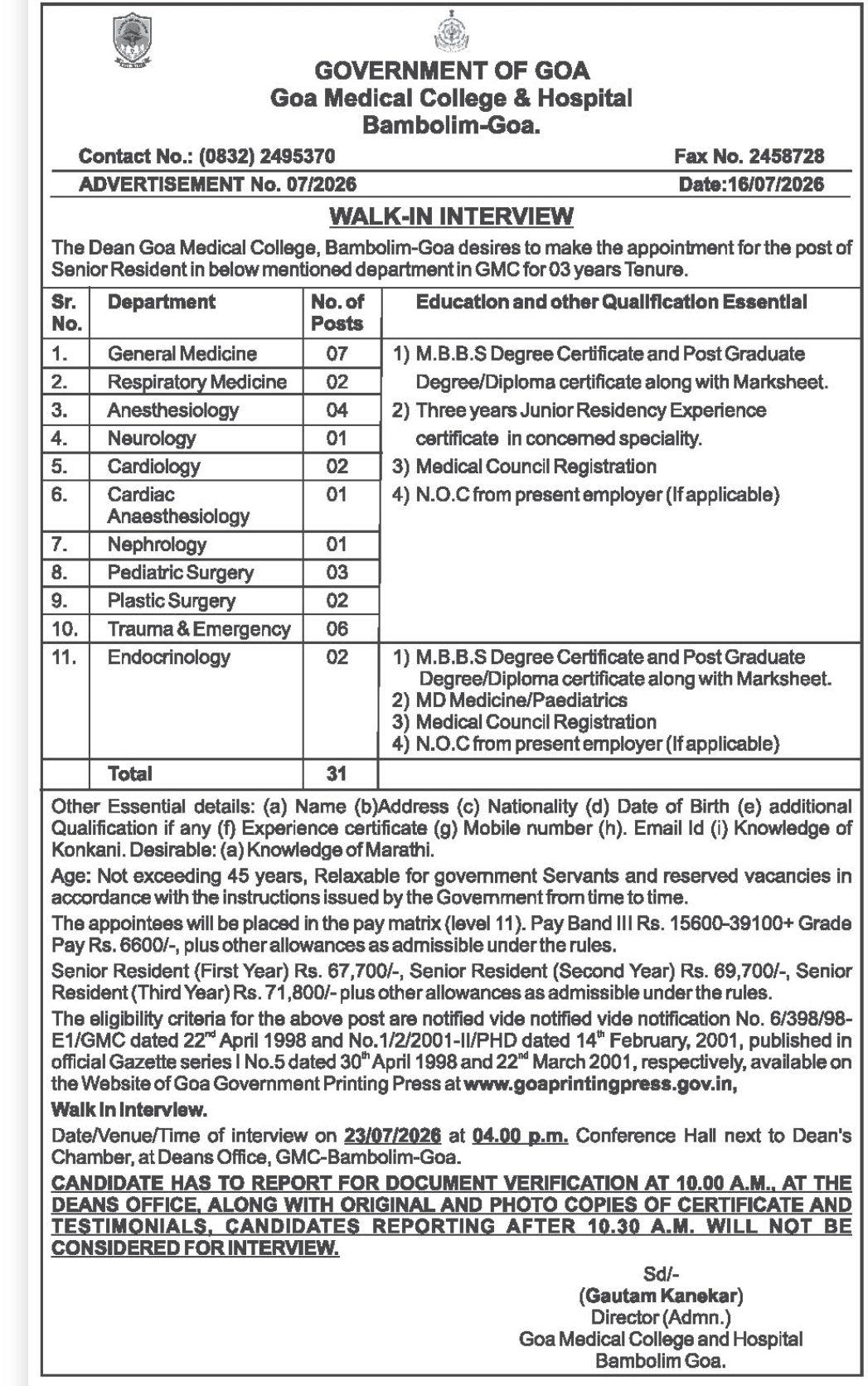 Walk-in Interview for Senior Resident Posts at Goa Medical College & Hospital, Bambolim