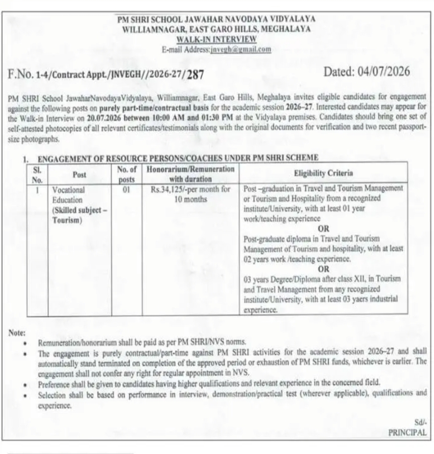 Walk-in Interview for Vocational Education (Tourism) Resource Person – PM SHRI JNV Williamnagar
