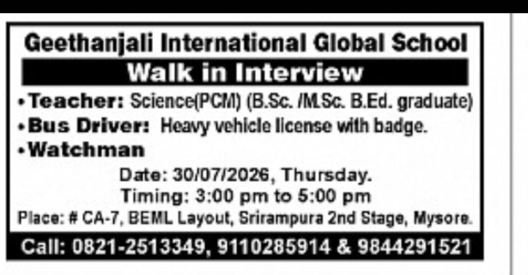 Walk-in Interview – Geethanjali International Global School, Mysore
