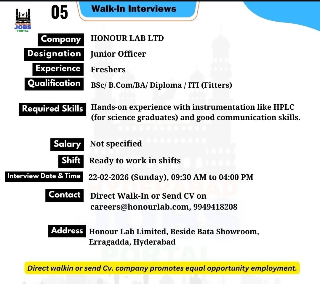 🚶‍♂️ Walk-In Interview | Honour Lab Ltd | Hyderabad