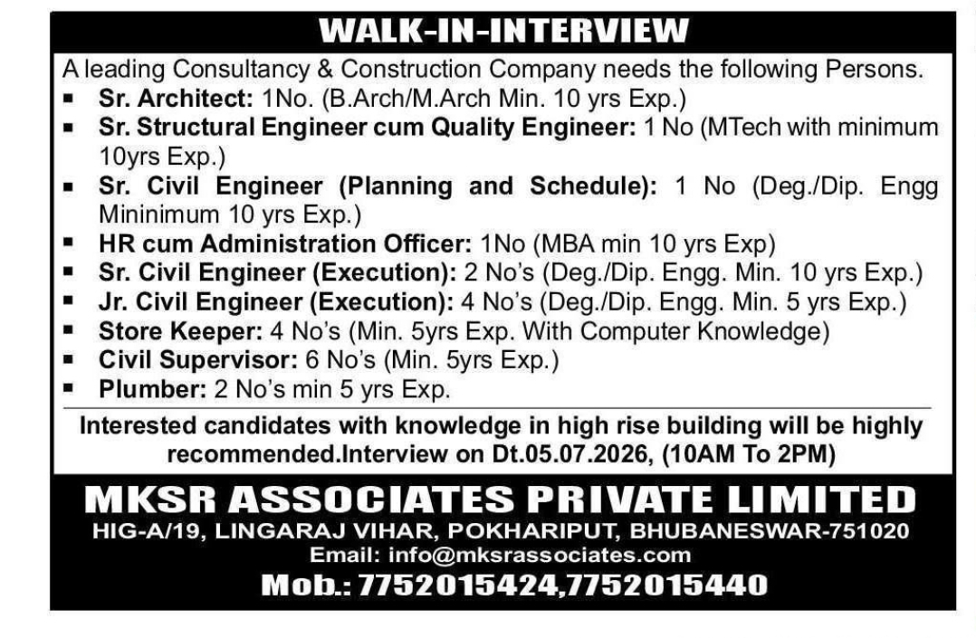 WALK-IN-INTERVIEW – MKSR ASSOCIATES PRIVATE LIMITED