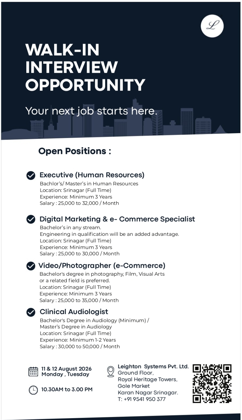 WALK-IN INTERVIEW – MULTIPLE JOB OPENINGS IN SRINAGAR