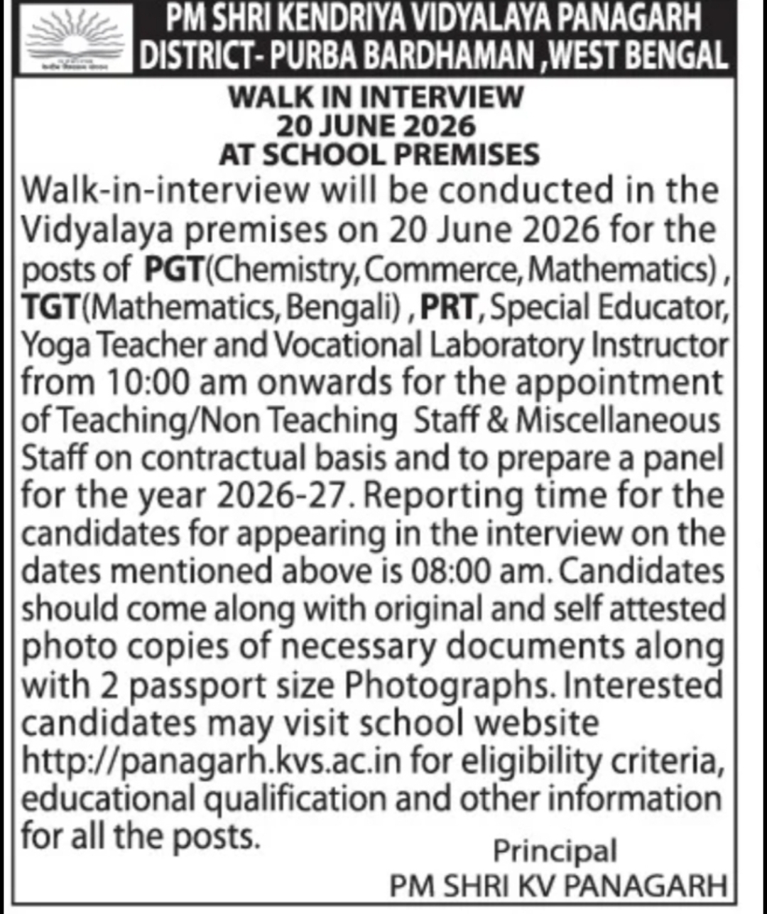 Walk-in Interview Notice – Teaching & Non-Teaching Posts