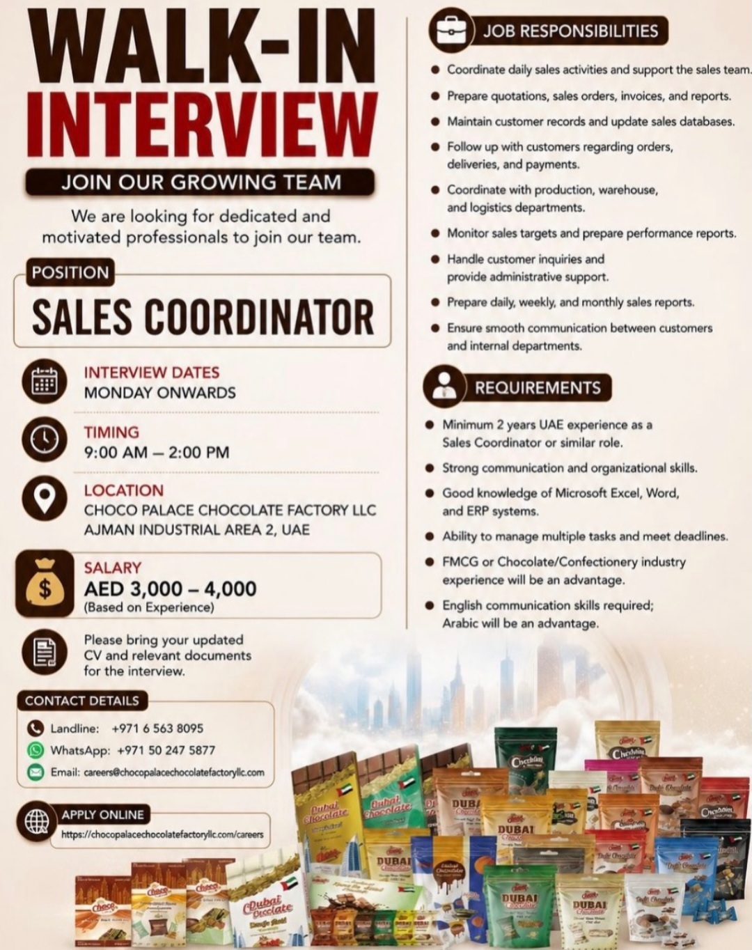WALK-IN INTERVIEW – SALES COORDINATOR