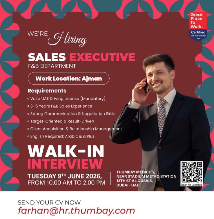 Walk-In Interview – Sales Executive (F&B Department)