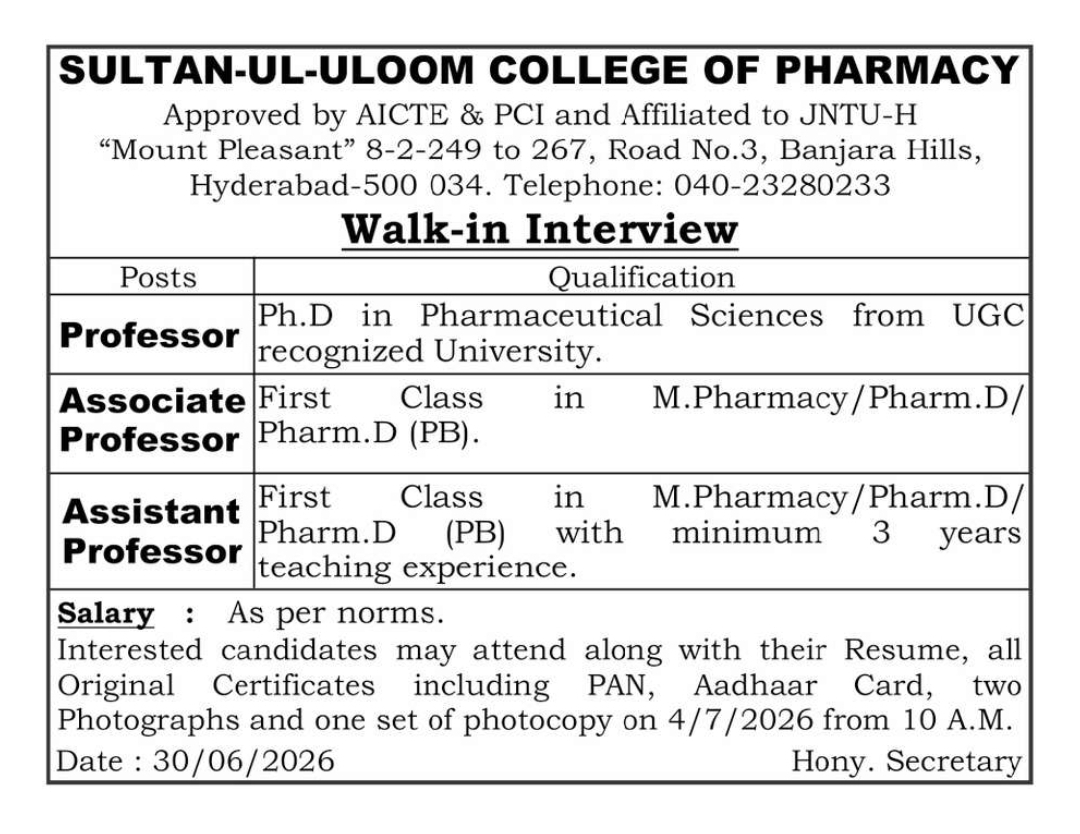 Walk-in Interview | Sultan-ul-Uloom College of Pharmacy, Hyderabad