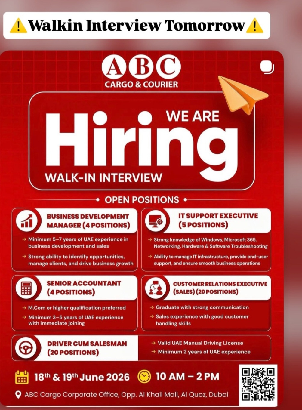 WALK-IN INTERVIEW TOMORROW