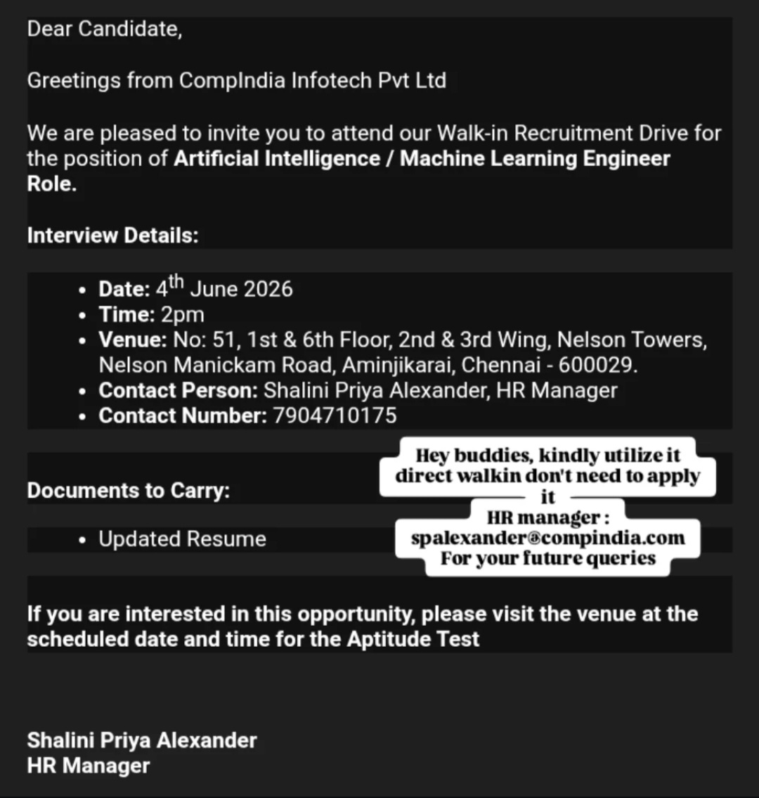 Walk-in Recruitment Drive – Artificial Intelligence / Machine Learning Engineer