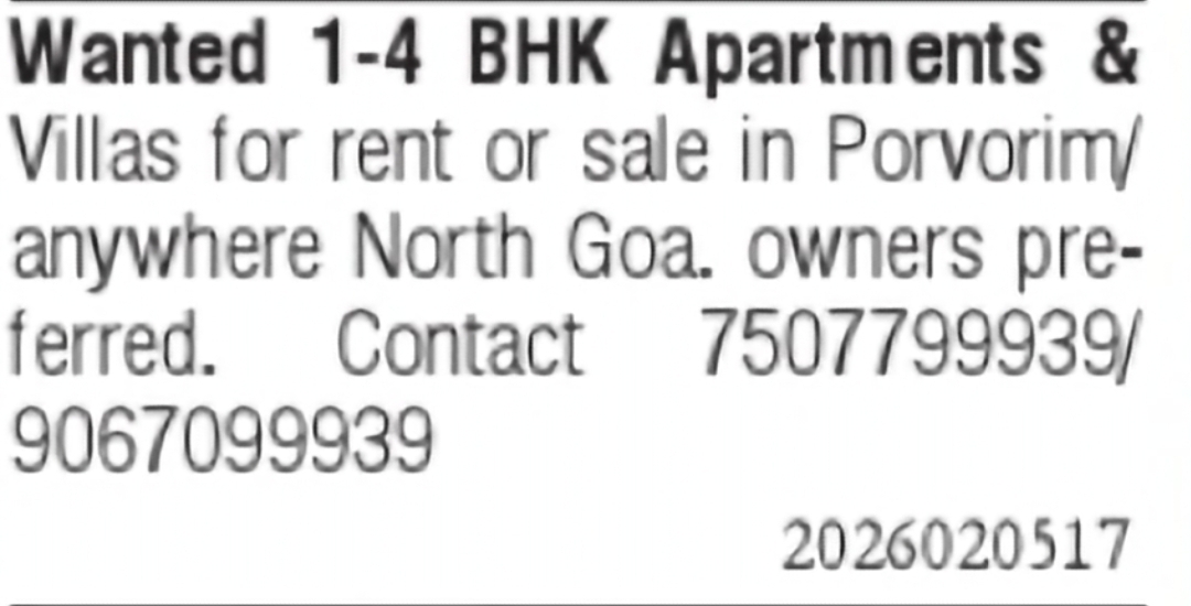 Wanted 1–4 BHK Apartments & Villas in North Goa