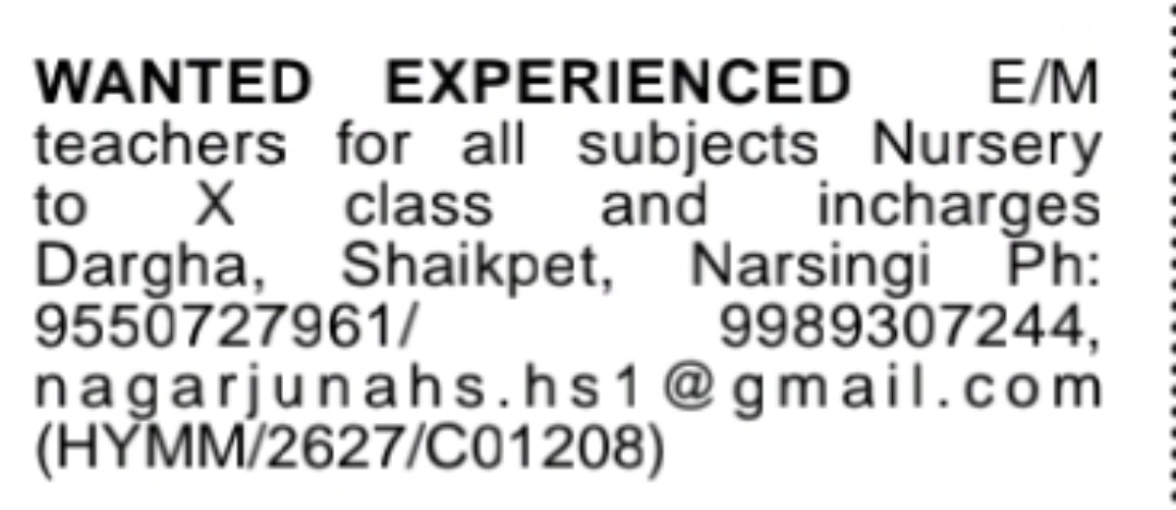 Wanted Experienced Teachers – Shaikpet & Narsingi