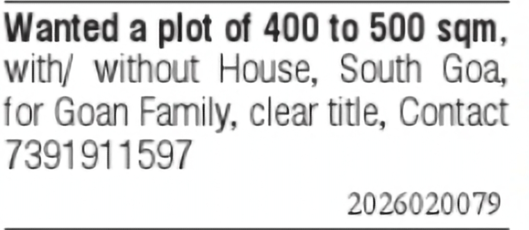 Wanted Plot or House in South Goa