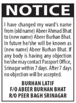 Ward Name Change – Abeer Ahmad Bhat to Abeer Burhan Bhat