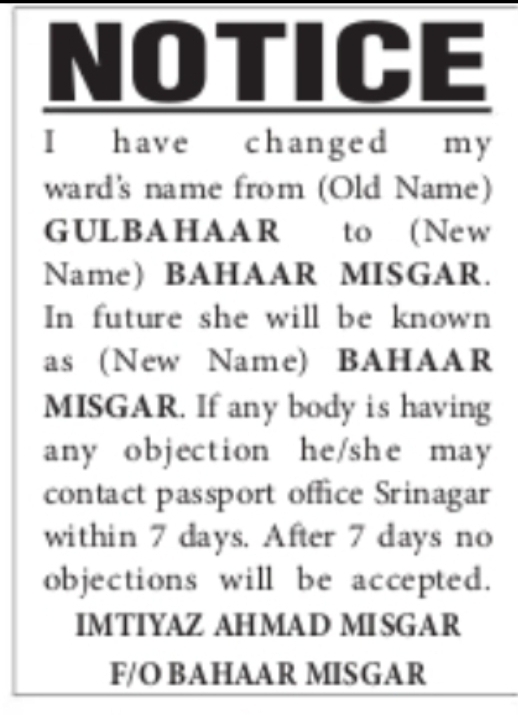 Ward Name Change Notice – Gulbahaar to Bahaar Misgar