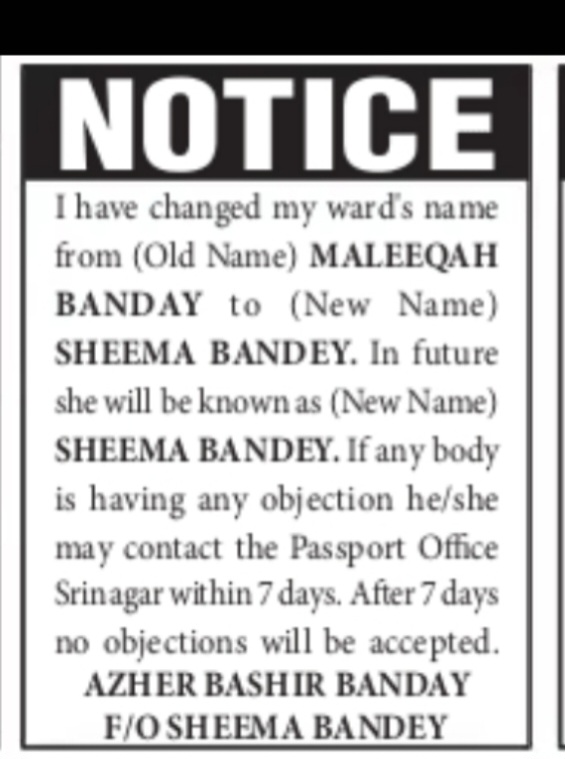 Ward Name Change Notice – Sheema Bandey