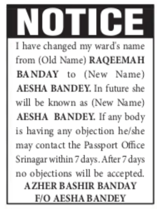 Ward’s Name Change Notice– Aesha Bandey