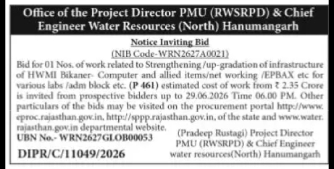 Water Resources Department, Rajasthan – Hanumangarh (NIB Code: WRN2627A0021)