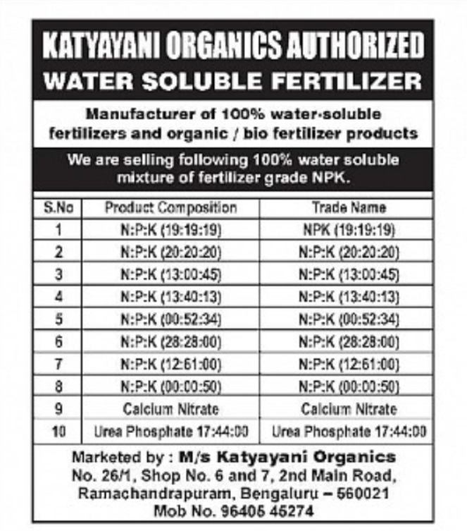 Water Soluble Fertilisers Available – Katyayani Organics, Bengaluru