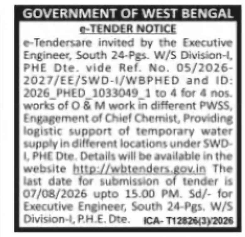 Water Supply Support & Chief Chemist Services Tender