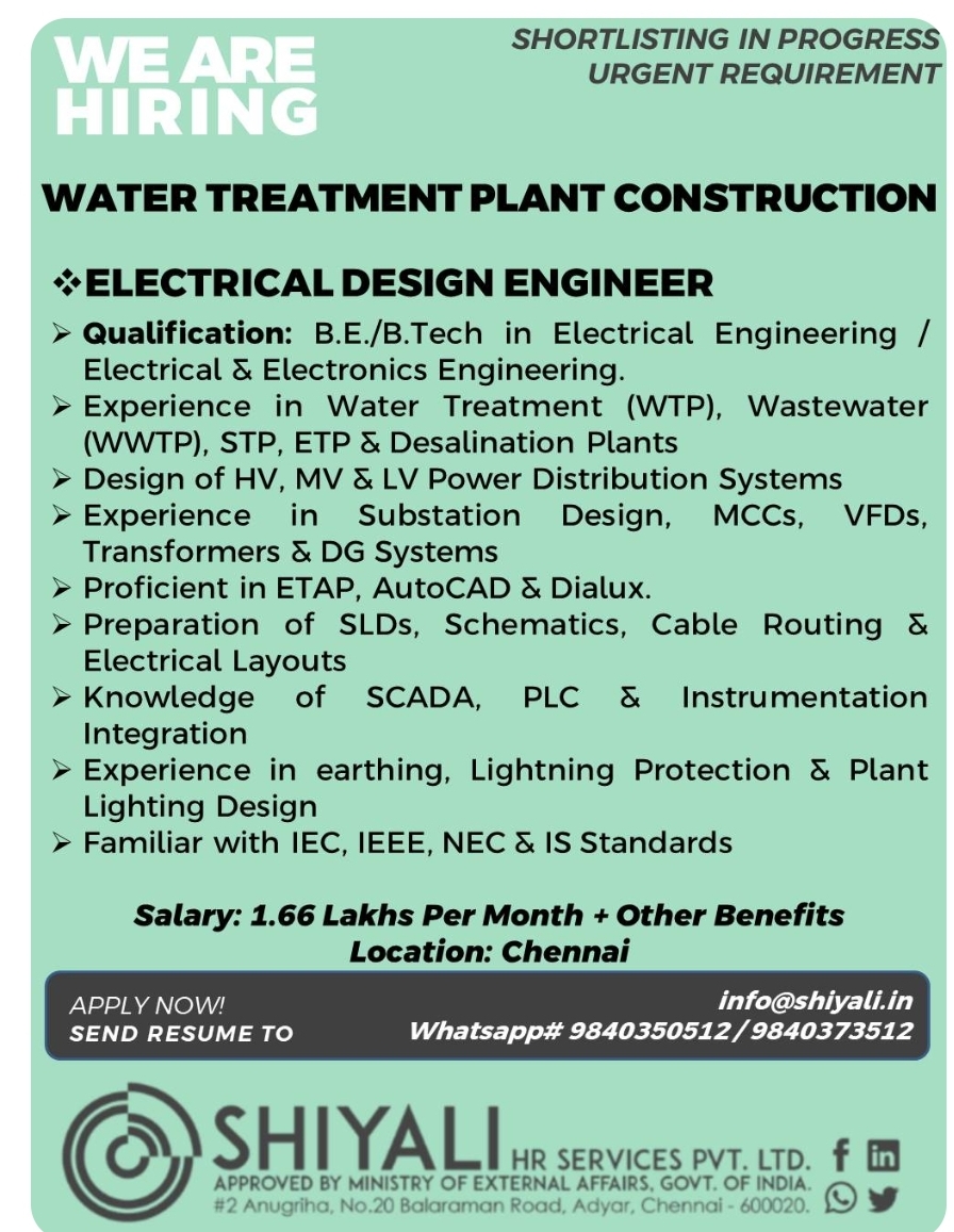 Water Treatment Plant Construction - Electrical Design Engineer
