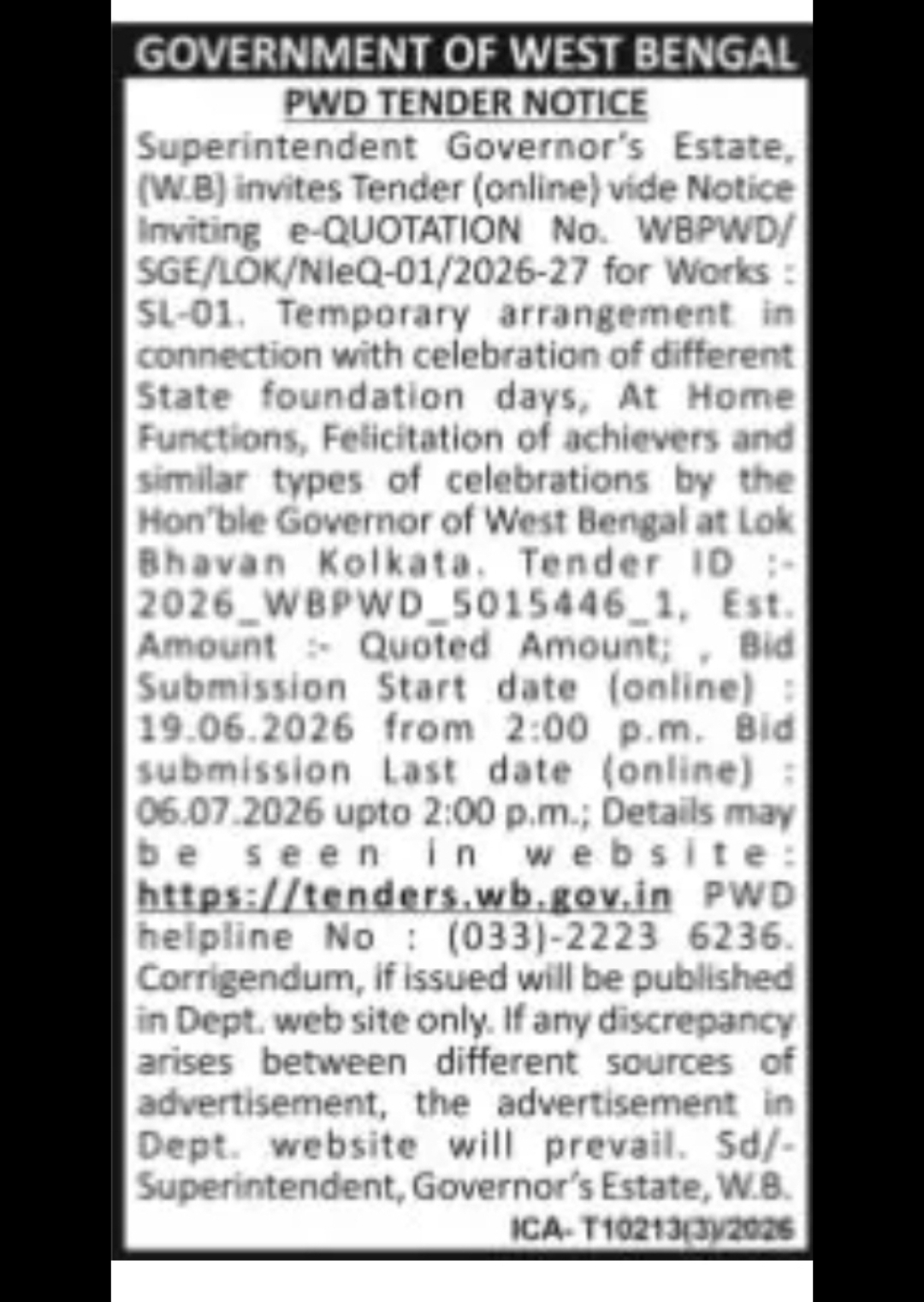 WB PWD e-Quotation Notice – Governor’s Estate, Lok Bhavan, Kolkata
