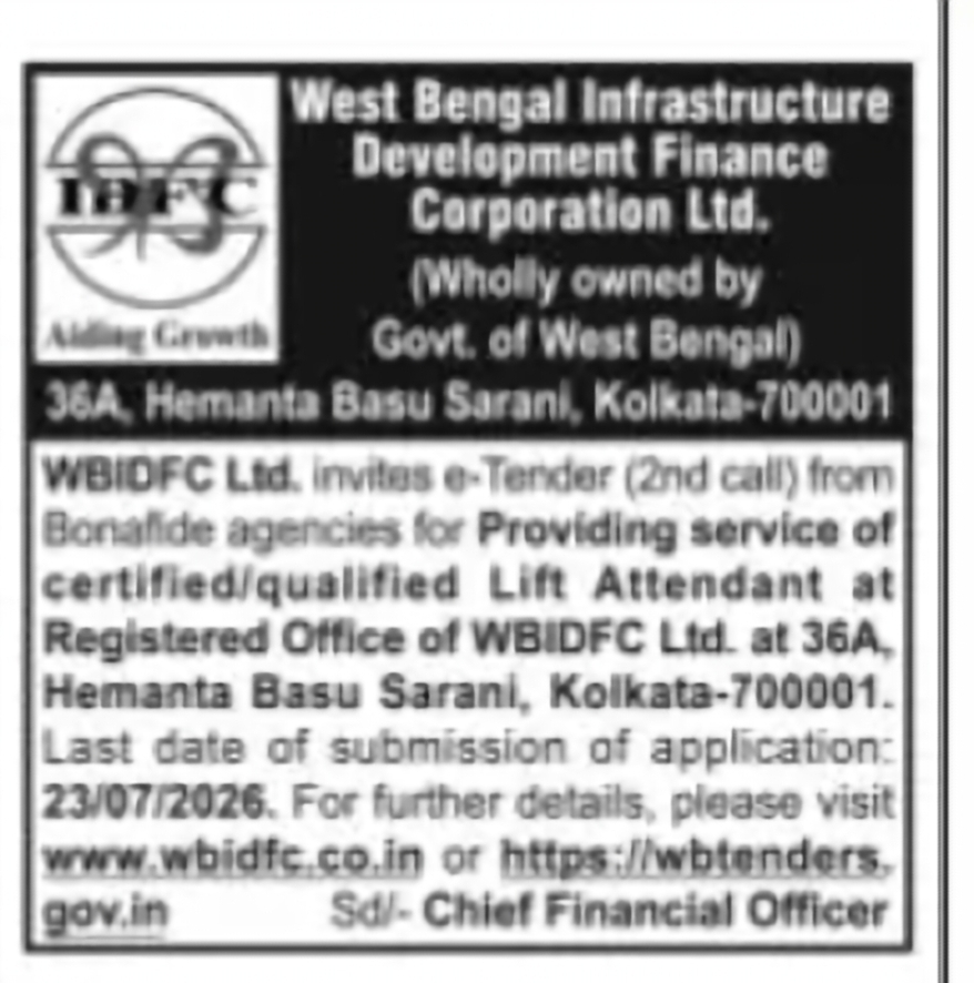 WBIDFC Invites e-Tender for Lift Attendant Services