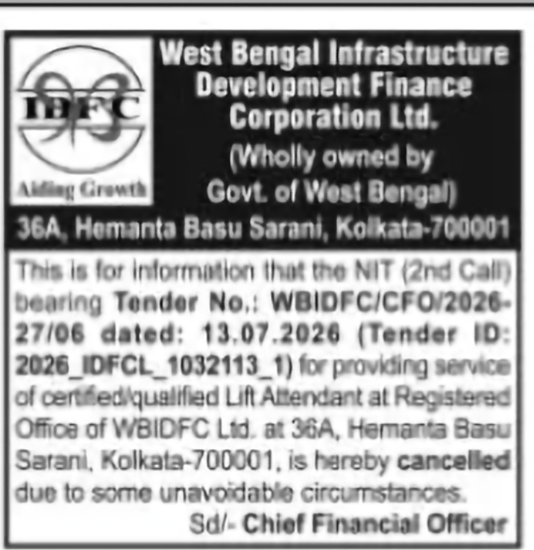 WBIDFC Tender Cancellation Notice