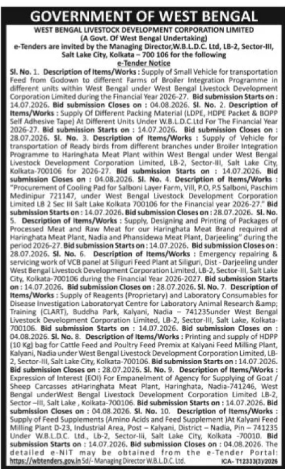 WBLDC Invites Multiple E-Tenders for FY 2026-27
