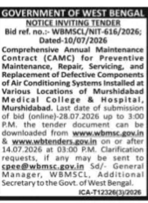 WBMSCL Invites Tender for CAMC of Air Conditioning Systems