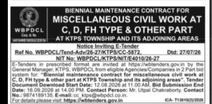 WBPDCL – BIENNIAL MAINTENANCE CONTRACT FOR MISCELLANEOUS CIVIL WORK